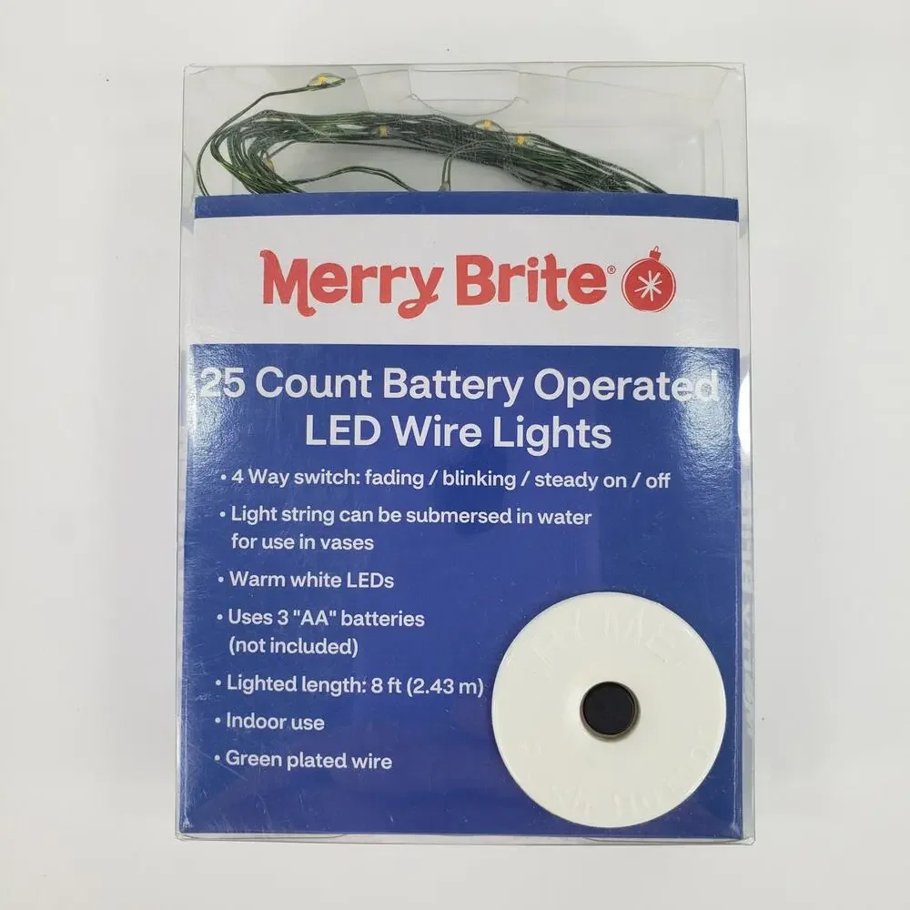 Merry Brite 25 ct Battery Operated Warm White LED Green Wire Fairy Lights 8 feet